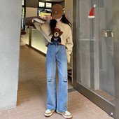 Y2k Retro Smiley Face Κέντημα ίσιο τζιν Γυναικείο High Street Loose φαρδύ τζιν