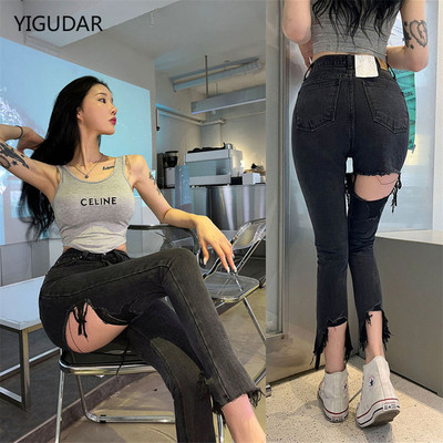 Ženske uske traper hlače visokog struka s uništenim poderanim rupama Duge rastezljive pencil traperice Streetwear Uske jegging jeans hlače