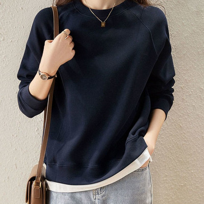 Αγνό βαμβακερό ψεύτικο δύο τεμάχια στρογγυλό πουλόβερ με μακρυμάνικο γυναικείο λεπτό στυλ άνοιξης και φθινοπώρου Νέο φαρδύ κοντό γυναικείο μπλουζάκι