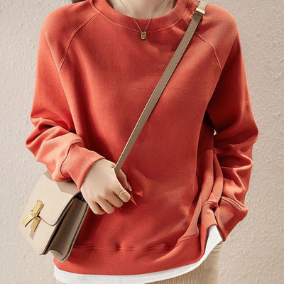 Αγνό βαμβακερό ψεύτικο δύο τεμάχια στρογγυλό πουλόβερ με μακρυμάνικο γυναικείο λεπτό στυλ άνοιξης και φθινοπώρου Νέο φαρδύ κοντό γυναικείο μπλουζάκι