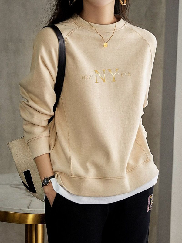 Αγνό βαμβακερό ψεύτικο δύο τεμάχια στρογγυλό πουλόβερ με μακρυμάνικο γυναικείο λεπτό στυλ άνοιξης και φθινοπώρου Νέο φαρδύ κοντό γυναικείο μπλουζάκι