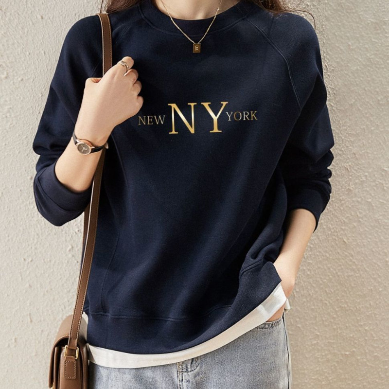 Αγνό βαμβακερό ψεύτικο δύο τεμάχια στρογγυλό πουλόβερ με μακρυμάνικο γυναικείο λεπτό στυλ άνοιξης και φθινοπώρου Νέο φαρδύ κοντό γυναικείο μπλουζάκι