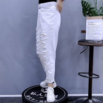 White Hole Beaded Jeans Γυναικεία μόδα Ψηλόμεσο ίσιο τζιν παντελόνι Άνοιξη φθινόπωρο Κυρία Παντελόνι μέχρι τον αστράγαλο Καλοκαιρινό Γυναικείο Jean