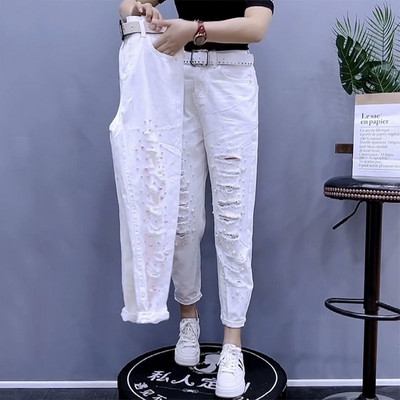 White Hole Beaded Jeans Γυναικεία μόδα Ψηλόμεσο ίσιο τζιν παντελόνι Άνοιξη φθινόπωρο Κυρία Παντελόνι μέχρι τον αστράγαλο Καλοκαιρινό Γυναικείο Jean
