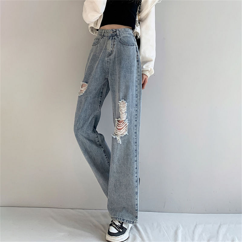 Proljeće jesen ženske poderane traperice visokog struka široke ravne hlače hlače širokih nogavica ženske traperice Y2K high street traperice za žene