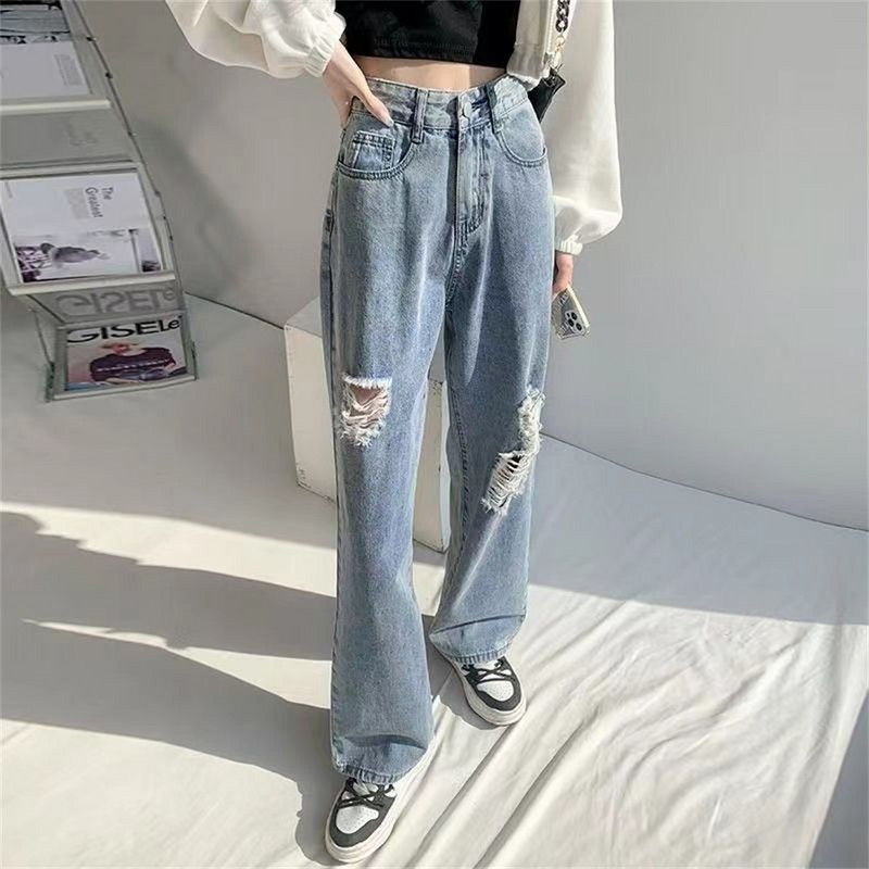 Proljeće jesen ženske poderane traperice visokog struka široke ravne hlače hlače širokih nogavica ženske traperice Y2K high street traperice za žene