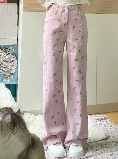 4xl Ženske lijepe ravne traperice s uzorkom ružičastog medvjeda Lady ljetne široke traperice visokog struka pune dužine