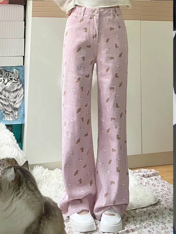 4xl Ženske lijepe ravne traperice s uzorkom ružičastog medvjeda Lady ljetne široke traperice visokog struka pune dužine