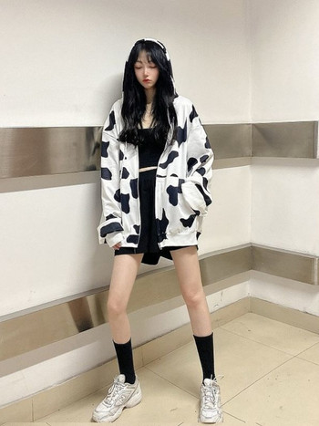 HOUZHOU Harajuku Y2k Oversize кравешки качулки с цип Млечна корейска мода Kpop Streetwear Суичър с качулка с цип Дамски 2023 Есен