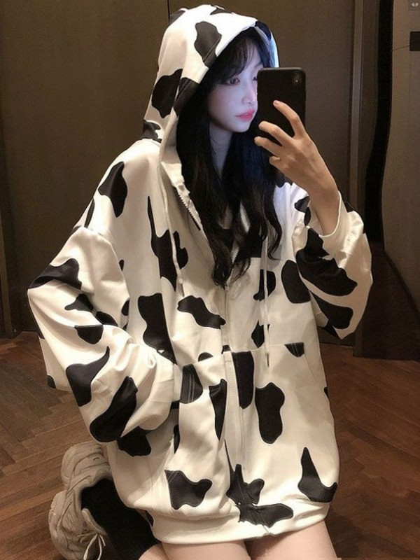 HOUZHOU Harajuku Y2k Oversize Φερμουάρ Φούτερ αγελάδας Γάλα Κορεατική μόδα Kpop Streetwear με φερμουάρ Γυναικεία φούτερ 2023 Φθινόπωρο