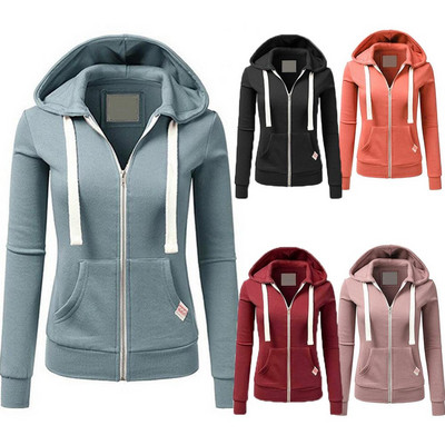 Casual Long Sleeve Solid Color Winter Women Coat Autumn Zipper Pockets Hoodies Outdoor Sport Hoodies Sports