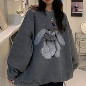 Harajuku tänava talvine dressipluus naine Kawaii jänese muster, soe lahtine pullover Stiilne vabaaja hip hop kapuutsiga tänavarõivad
