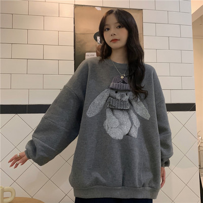 Harajuku tänava talvine dressipluus naine Kawaii jänese muster, soe lahtine pullover Stiilne vabaaja hip hop kapuutsiga tänavarõivad
