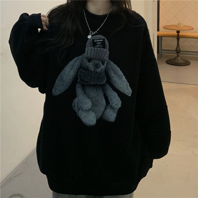 Harajuku tänava talvine dressipluus naine Kawaii jänese muster, soe lahtine pullover Stiilne vabaaja hip hop kapuutsiga tänavarõivad