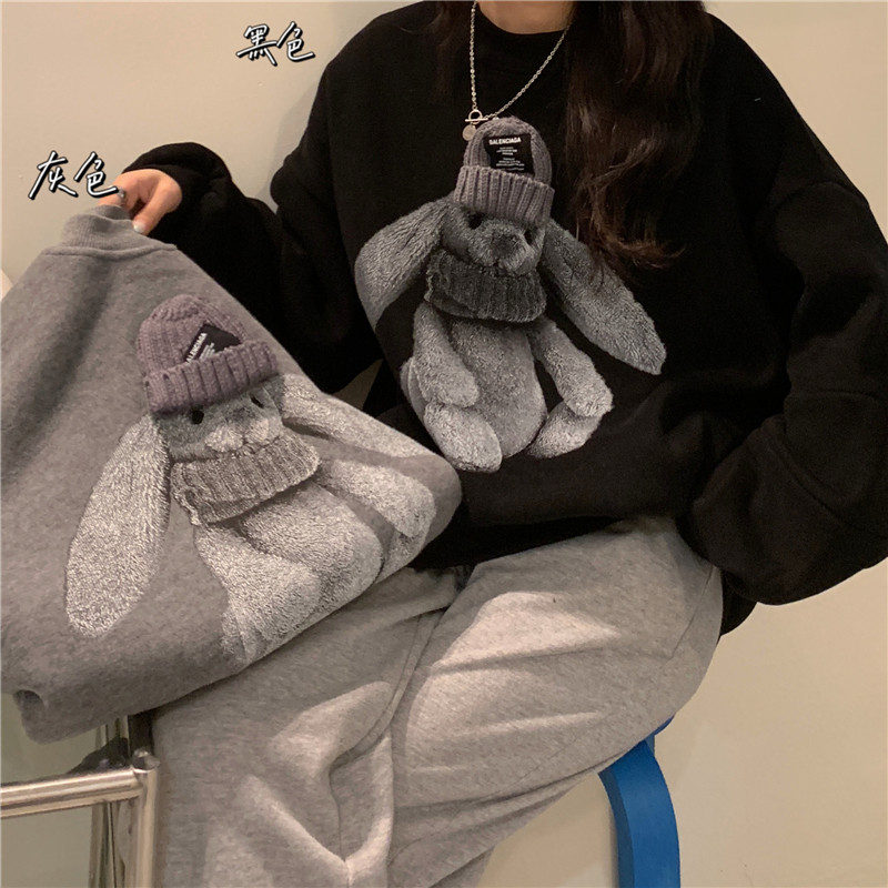 Χειμερινό φούτερ Harajuku Street Woman Kawaii με μοτίβο κουνελιού Ζεστό φαρδύ πουλόβερ Κομψό casual Hip Hop Hoodie Streetwear