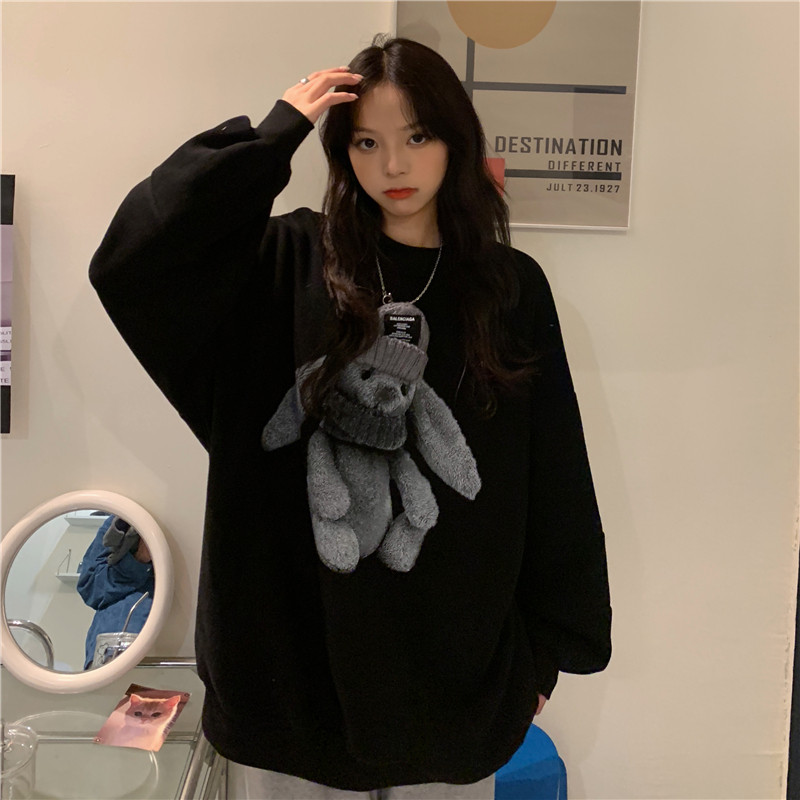 Χειμερινό φούτερ Harajuku Street Woman Kawaii με μοτίβο κουνελιού Ζεστό φαρδύ πουλόβερ Κομψό casual Hip Hop Hoodie Streetwear