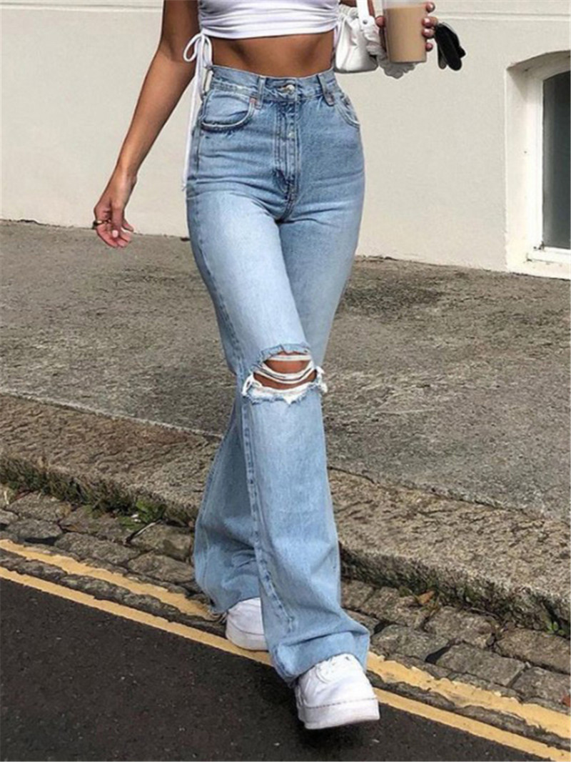 Ψηλόμεσο μπλε σκισμένο μποτάκι τζιν για γυναίκες μόδα Stretch γόνατο τζιν παντελόνι με φουσκώματα casual γυναικείο παντελόνι μαύρο 2023