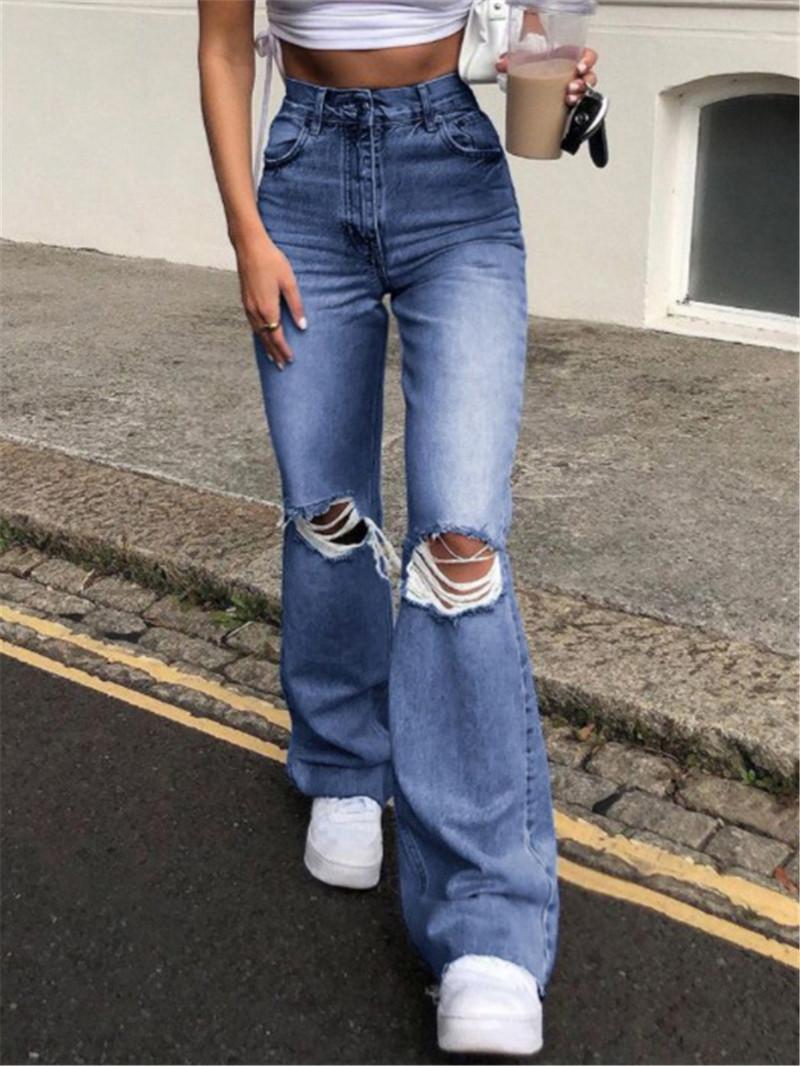 Ψηλόμεσο μπλε σκισμένο μποτάκι τζιν για γυναίκες μόδα Stretch γόνατο τζιν παντελόνι με φουσκώματα casual γυναικείο παντελόνι μαύρο 2023