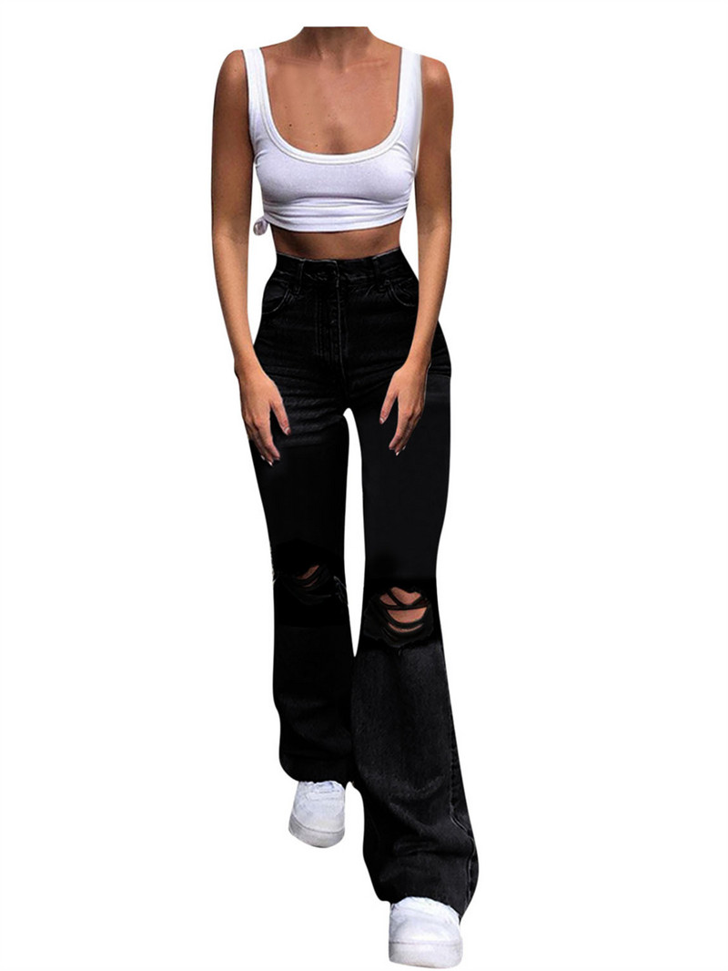 Ψηλόμεσο μπλε σκισμένο μποτάκι τζιν για γυναίκες μόδα Stretch γόνατο τζιν παντελόνι με φουσκώματα casual γυναικείο παντελόνι μαύρο 2023