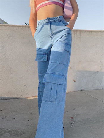 Γυναικεία 90s Y2K Patchwork Wide Leg Mom Jeans Vintage παντελόνι σφουγγαρίσματος Casual Streetwear Boyfriend Denim Jeans Big Pocket Cargo Pants