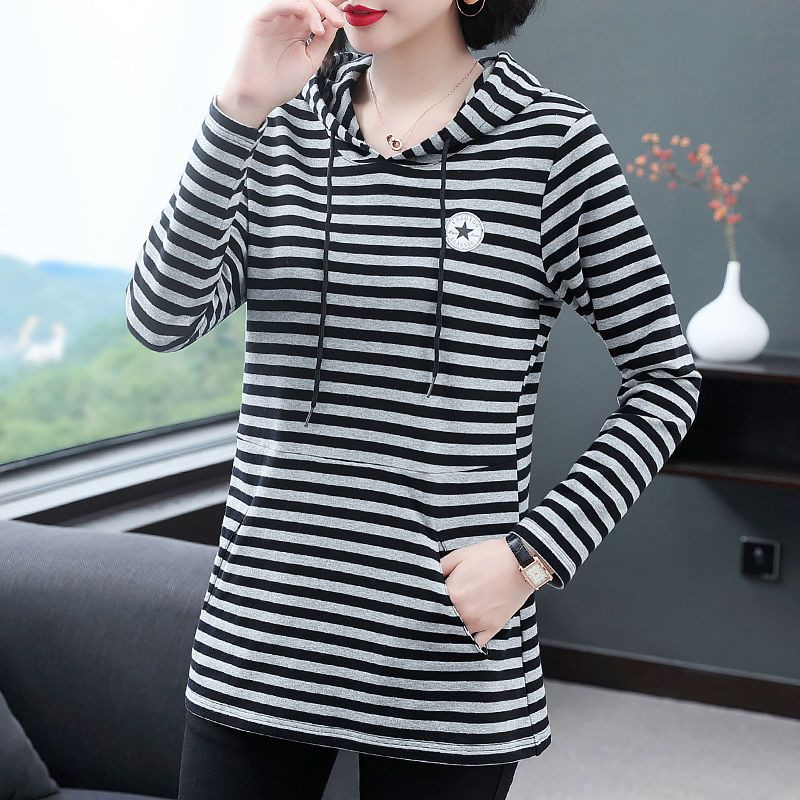 Γυναικεία φθινοπωρινά χειμωνιάτικα νέα μακρυμάνικα φούτερ πουλόβερ με κουκούλα με στρογγυλή λαιμόκοψη Casual μεσαίου μήκους μόδα Φαρδιά ριγέ μπλουζάκια