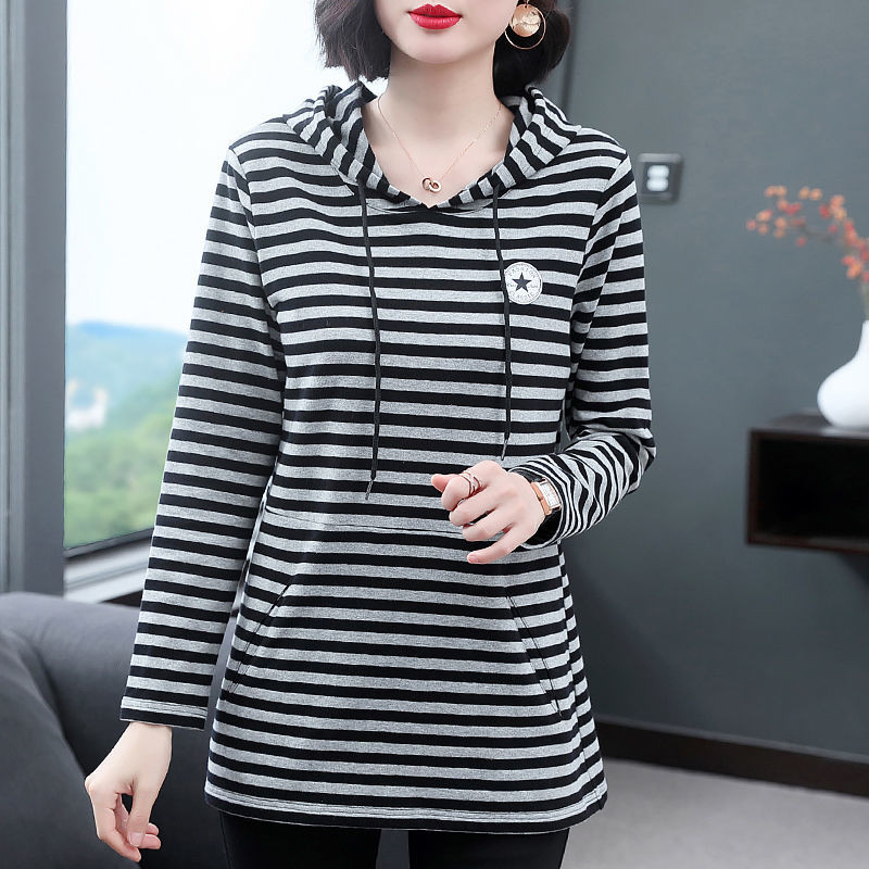Γυναικεία φθινοπωρινά χειμωνιάτικα νέα μακρυμάνικα φούτερ πουλόβερ με κουκούλα με στρογγυλή λαιμόκοψη Casual μεσαίου μήκους μόδα Φαρδιά ριγέ μπλουζάκια