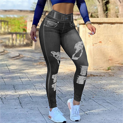 2022 Γυναικεία Νέα Causal High Waist Ultra Stretch Faux Jeans Fashion Hole Printed Slim Butt Lifting Παντελόνι Μπλε στενό μακρύ παντελόνι