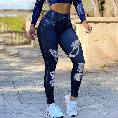 2022 Γυναικεία Νέα Causal High Waist Ultra Stretch Faux Jeans Fashion Hole Printed Slim Butt Lifting Παντελόνι Μπλε στενό μακρύ παντελόνι