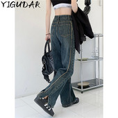 Y2k sinised teksad Naine kõrge vöökohaga Naiste riided Vintage riided Naiste püksid Tänavarõivad Denim Korea mood Sirge sääre teksad