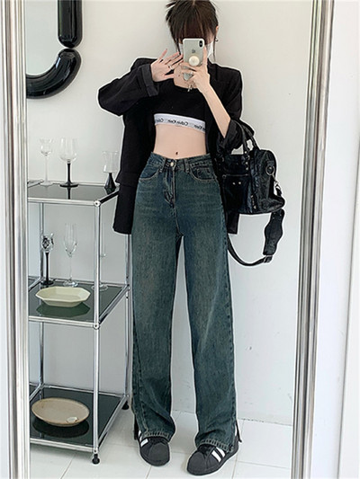 Y2k sinised teksad Naine kõrge vöökohaga Naiste riided Vintage riided Naiste püksid Tänavarõivad Denim Korea mood Sirge sääre teksad