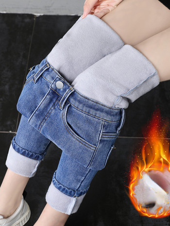 Дамски термо дънки Есен Зима Топли еластични дънкови панталони с поларена подплата Клинове Сини черни женски тънки панталони с ластик на талията