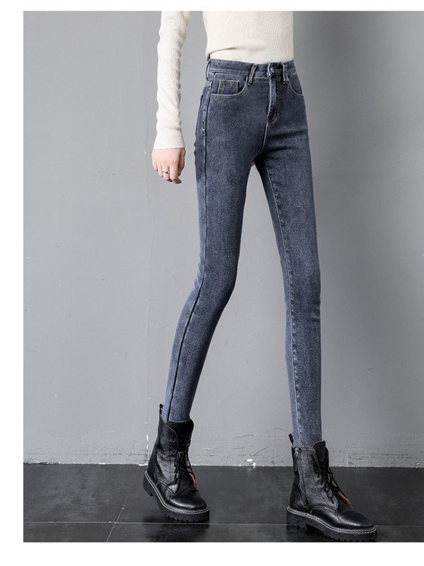 Naiste termoteksad sügistalv soe veniv fliisvoodriga teksapüksid retuusid Sinine must naiste elastne vöökoht õhukesed püksid