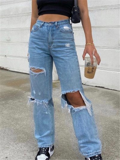 2023 Νέο ψηλόμεσο ίσιο γυναικείο σκισμένο τζιν Γυναικείο μπλε τζιν παντελόνι μόδας Streetwear με φαρδύ πόδι φαρδύ Y2k casual παντελόνι