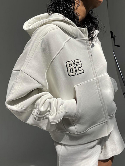 WeiYao Vintage Street Oversize Κέντημα Λευκές κουκούλες Casual Loose με φερμουάρ Ζακέτα Μακρυμάνικα Φούτερ Harajuku