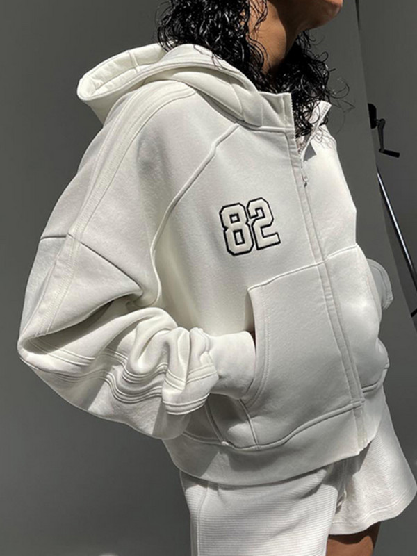 WeiYao Vintage Street Oversize Κέντημα Λευκές κουκούλες Casual Loose με φερμουάρ Ζακέτα Μακρυμάνικα Φούτερ Harajuku