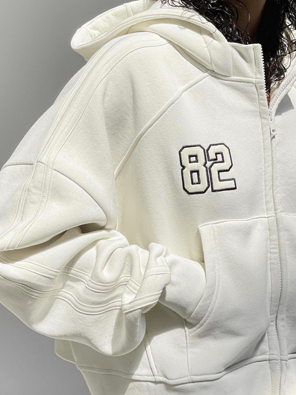 WeiYao Vintage Street Oversize Κέντημα Λευκές κουκούλες Casual Loose με φερμουάρ Ζακέτα Μακρυμάνικα Φούτερ Harajuku