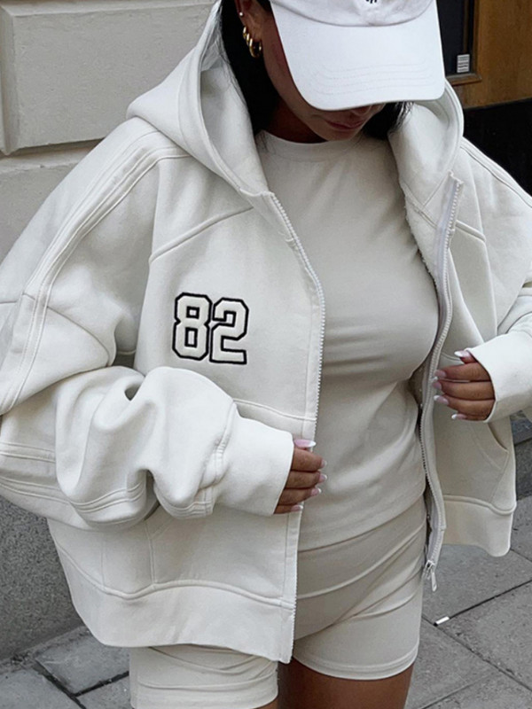 WeiYao Vintage Street Oversize Κέντημα Λευκές κουκούλες Casual Loose με φερμουάρ Ζακέτα Μακρυμάνικα Φούτερ Harajuku