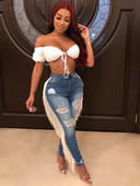 Πλύσιμο τζιν Γυναικείο παντελόνι Stretch Ripped Hollow Out Ψηλόμεσο Παντελόνι Small Leg Γυναικείο Μόδα Φούντα Παντελόνι μολύβι τζιν Y2k