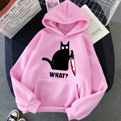 Αστεία χιπ χοπ φούτερ Ρούχα Streetwear Hoodies CAT WHAT Μεγάλες κουκούλες για γυναικεία ρούχα Ροζ εκτύπωση Harajuku