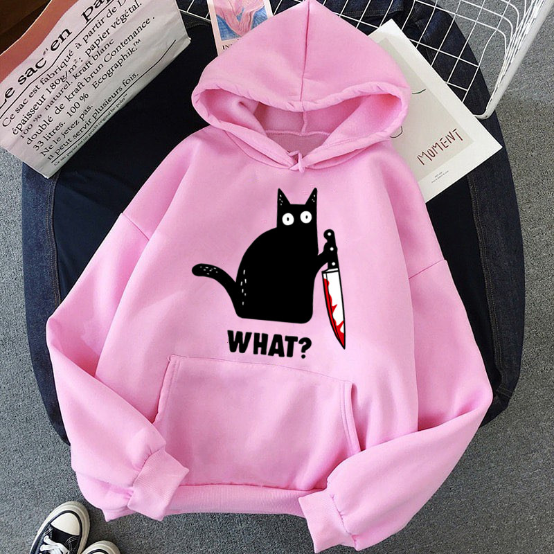 Αστεία χιπ χοπ φούτερ Ρούχα Streetwear Hoodies CAT WHAT Μεγάλες κουκούλες για γυναικεία ρούχα Ροζ εκτύπωση Harajuku