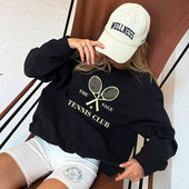 The Sage Tennis Club Letters Printing Vintage Style Black Φούτερ Γυναικείες φαρδιά βαμβακερά μανίκια πουλόβερ με μακρυμάνικο