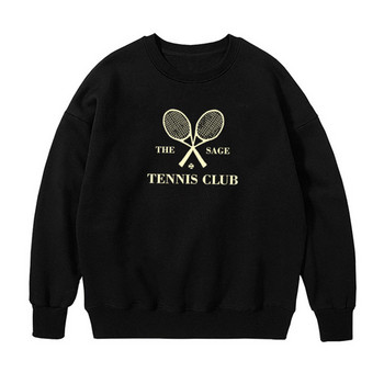 The Sage Tennis Club Letters Printing Vintage Style Черни суичъри Дамски свободни памучни пуловери с кръгло деколте Ежедневни пуловери с дълъг ръкав