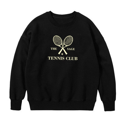 The Sage Tennis Club Letters Printing Vintage Style Black Φούτερ Γυναικείες φαρδιά βαμβακερά μανίκια πουλόβερ με μακρυμάνικο