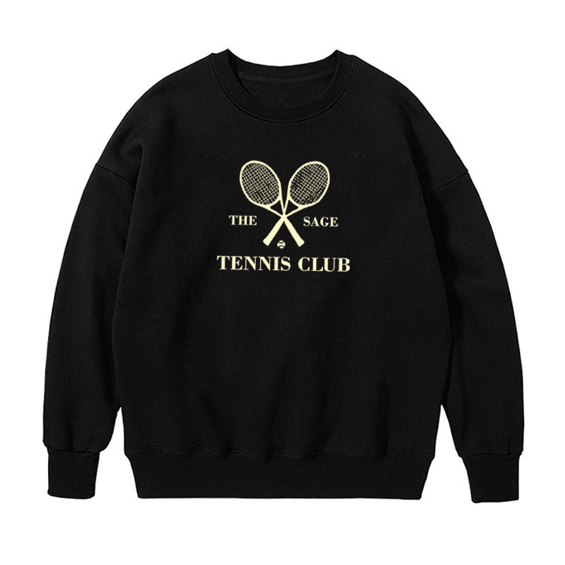 The Sage Tennis Club Letters Printing Vintage Style Black Φούτερ Γυναικείες φαρδιά βαμβακερά μανίκια πουλόβερ με μακρυμάνικο