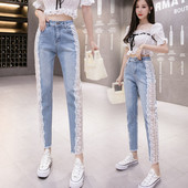 Άνοιξη Καλοκαίρι 2022 Γυναικεία κομμένα τζιν Χαλαρά νέα δαντελένια συνονθύλευμα casual γυναικεία τζιν παντελόνια με χάντρες ελαστικά παντελόνια μόδας