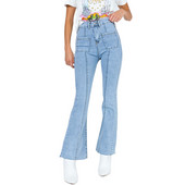 Flare τζιν για γυναίκες ψηλόμεσο Stretch αδυνατιστικό μασίφ μπλε ριγέ παντελόνι τσέπης Ψηλό ύψος στενός επίδεσμος τζιν παντελόνι μέσης