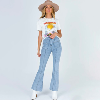 Flare τζιν για γυναίκες ψηλόμεσο Stretch αδυνατιστικό μασίφ μπλε ριγέ παντελόνι τσέπης Ψηλό ύψος στενός επίδεσμος τζιν παντελόνι μέσης