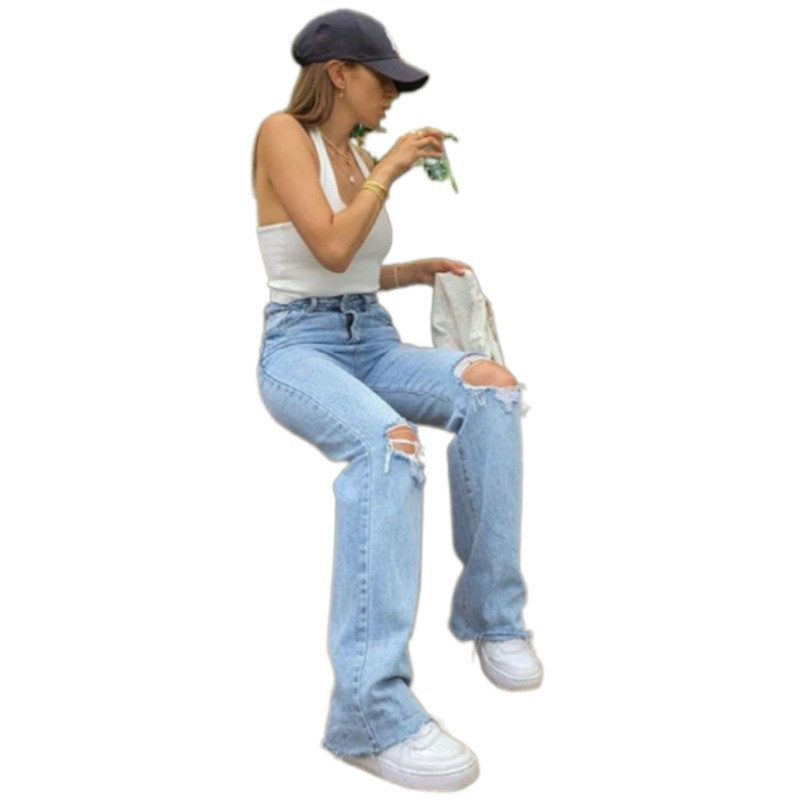 Ženske poderane lepršave traperice visokog struka široke traper hlače Lady Causal Hlače na zvonce Vintage Streetwear Hlače širokih nogavica s rupama