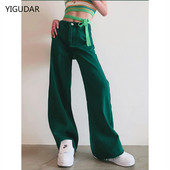 Γυναικείο τζιν ψηλόμεσο Vintage ίσιο φαρδύ τζιν παντελόνι Πράσινο streetwear Αμερικανικού στυλ Φαρδύ τζιν παντελόνι