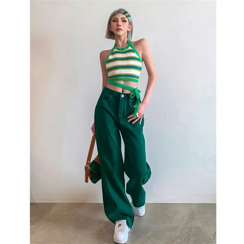 Γυναικείο τζιν ψηλόμεσο Vintage ίσιο φαρδύ τζιν παντελόνι Πράσινο streetwear Αμερικανικού στυλ Φαρδύ τζιν παντελόνι